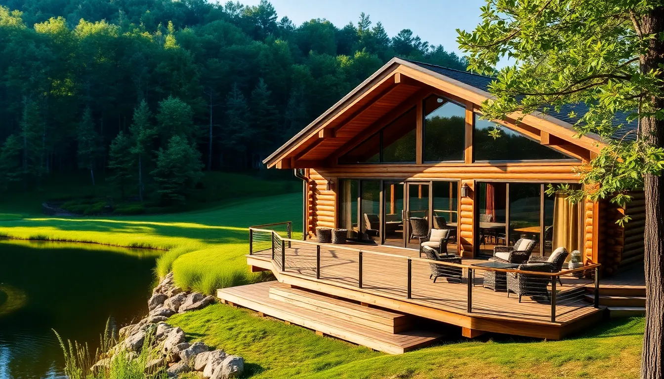 luxurious wooden cabin in a serene natural setting.