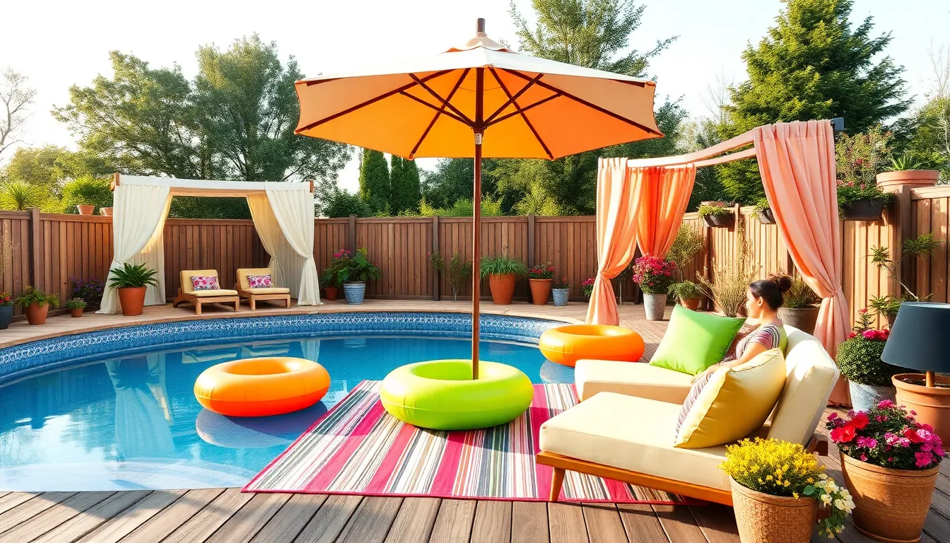 stylish above-ground pool area with lounge furniture and vibrant decor.